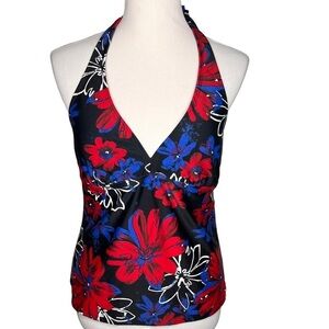Catalina Floral Print Swim Halter Tankini Top Size 12 Red White Blue Patriotic